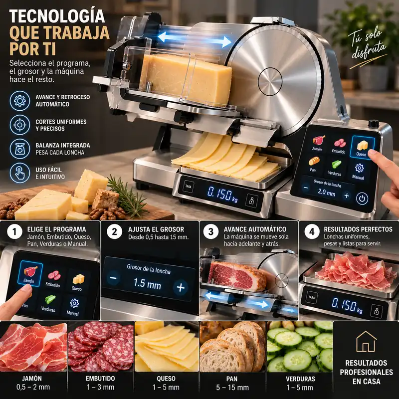 Grosores recomendados para jamón, embutido, queso, pan y verduras y báscula integrada